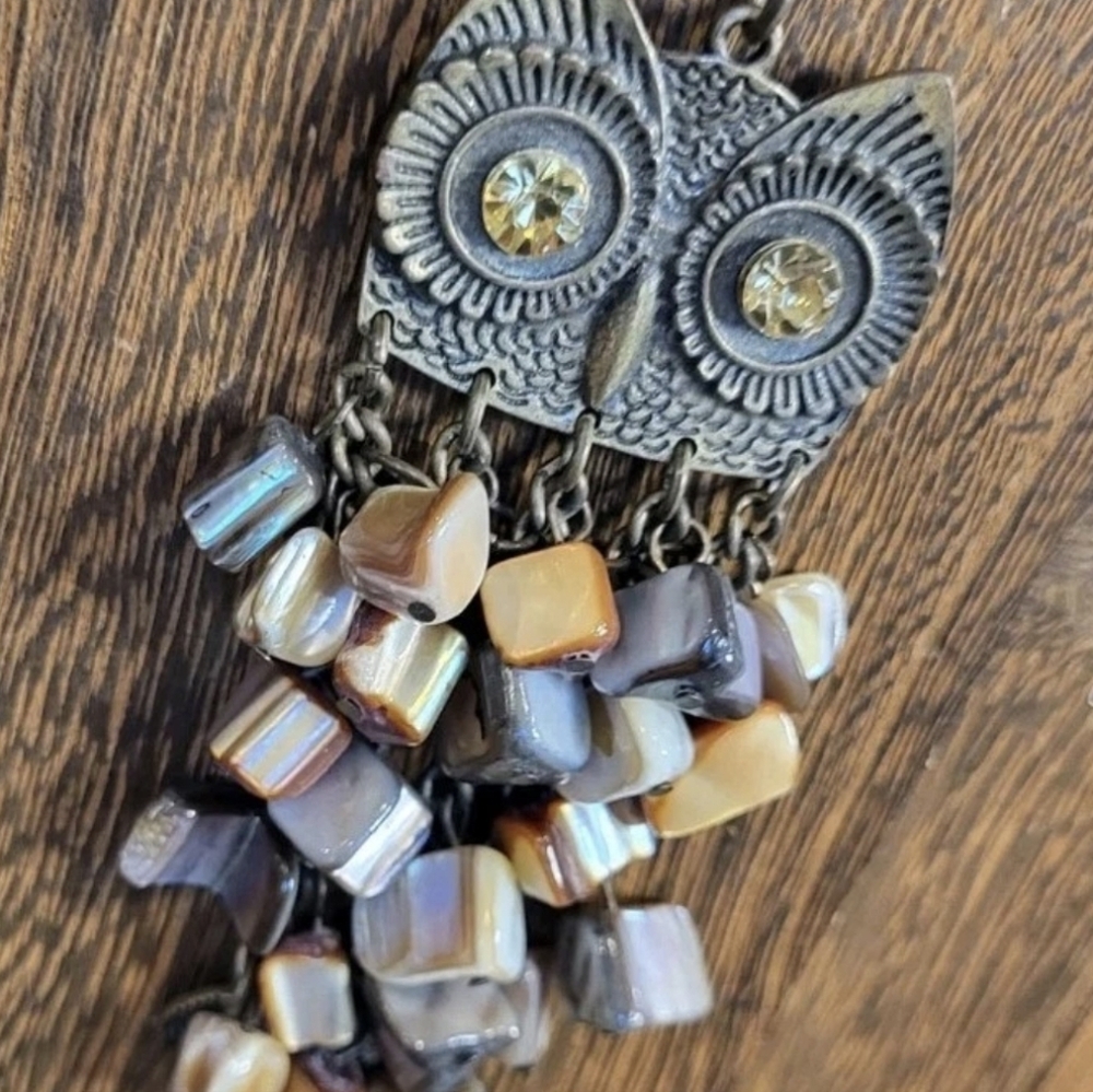 Antique Bronze Tone Abalone & Rhinestone Accent Owl Pendant Long Chain Necklace